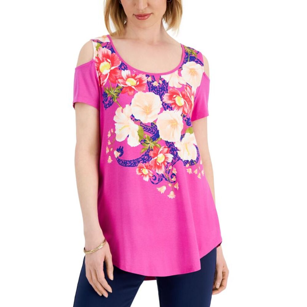 JM Collection Womens Floral Print Cold Shoulder Top